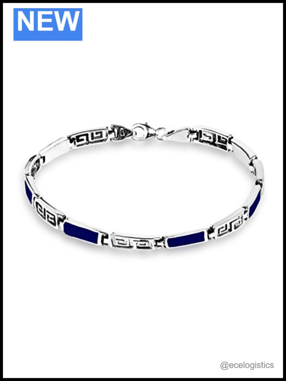 Sterling Silver Greek Key Link Bracelet with Stone Inlay